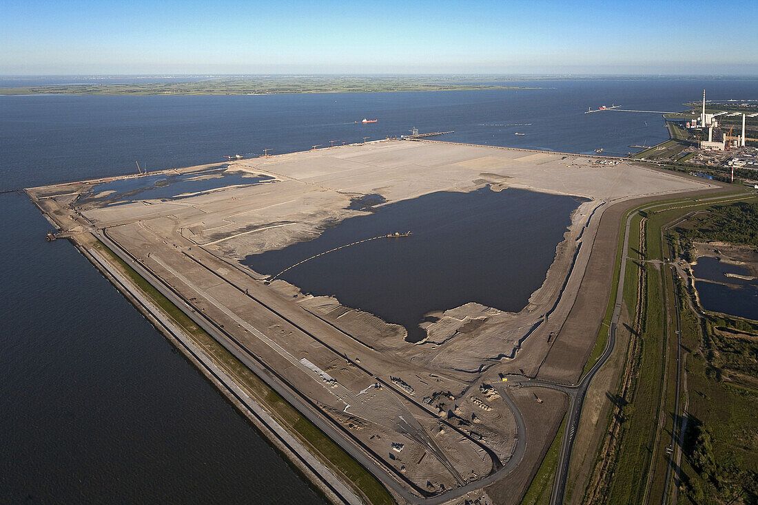 Aerial of the construction site at JadeWeserPort in June 2010, Wilhelmshaven, Lower Saxony, Germany