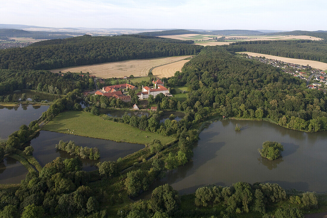 aerial of Derneburg Castle, former monastery, once home to artist Georg Baselitz, Holle, Hildesheim, Lower Saxony, Germany