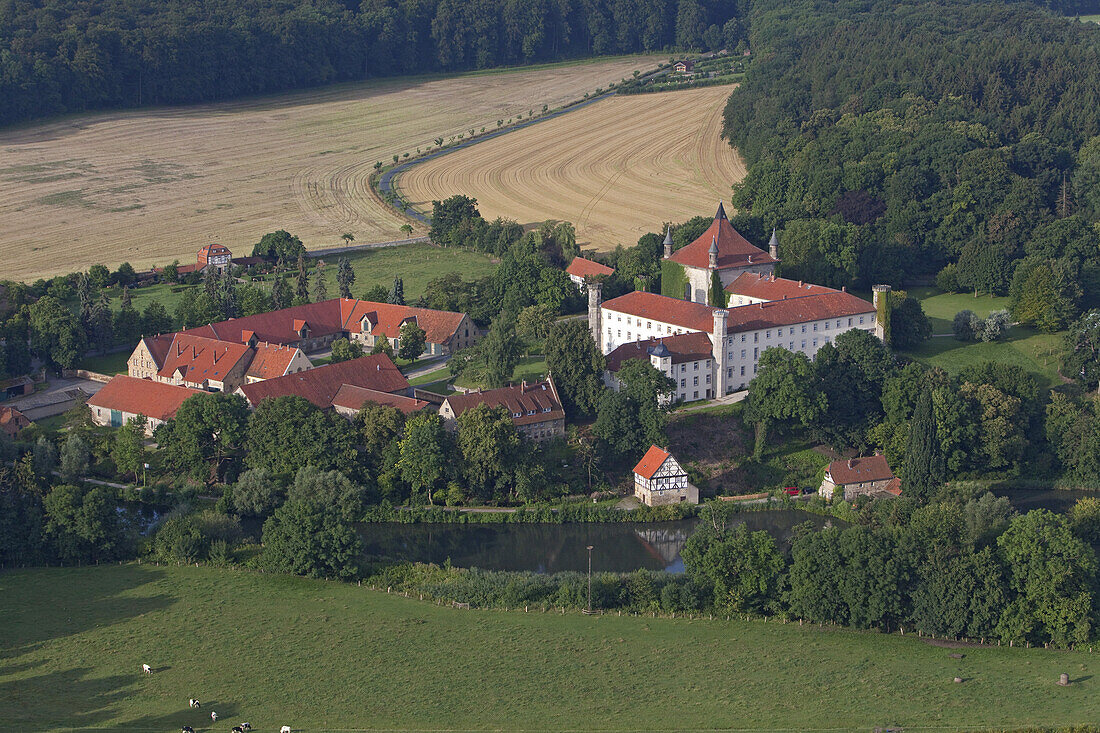 Aerial of Derneburg Castle, former monastery, once home to artist Georg Baselitz, Holle, Hildesheim, Lower Saxony, Germany