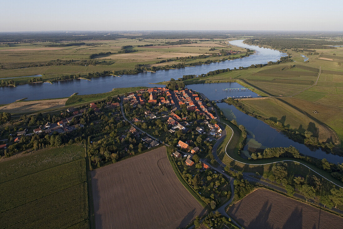 Aerial view of the town of Schnackenburg at the junction of the Aaland River on the upper Elbe River, Schnackenburg, Lower Saxony, Germany