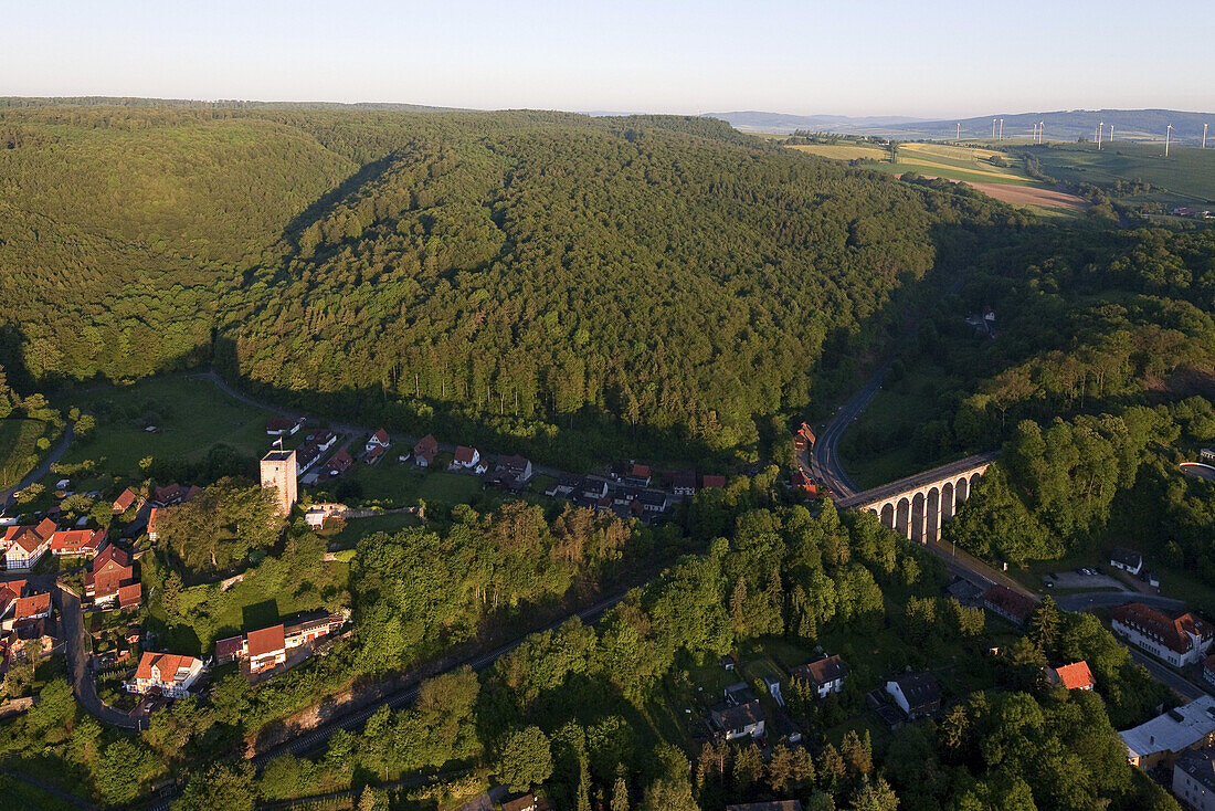 Aerial view of the town of Greene, viaduct and railway bridge leading to the Weser Hills, Greene, Lower Saxony, Germany