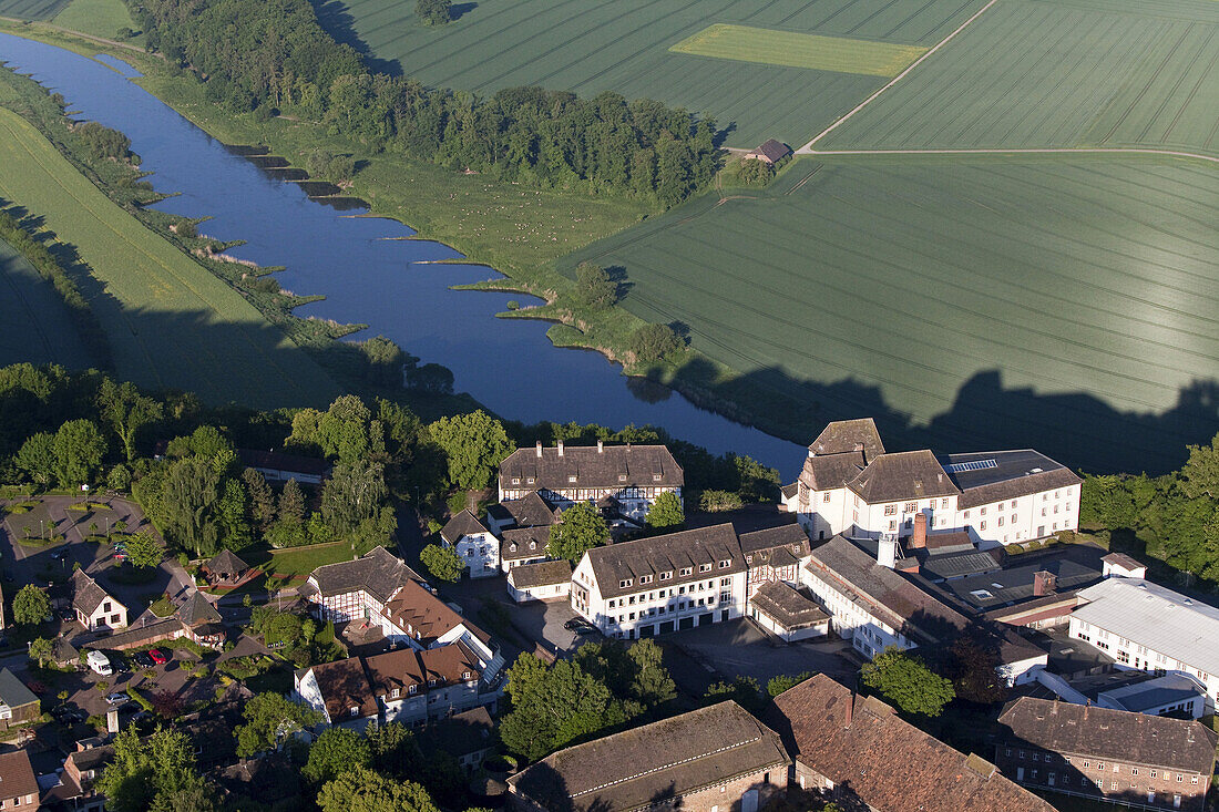 Aerial view of the famous porcelain manufacturer Fürstenberg, Weser region, Fürstenberg, Lower Saxony, Germany