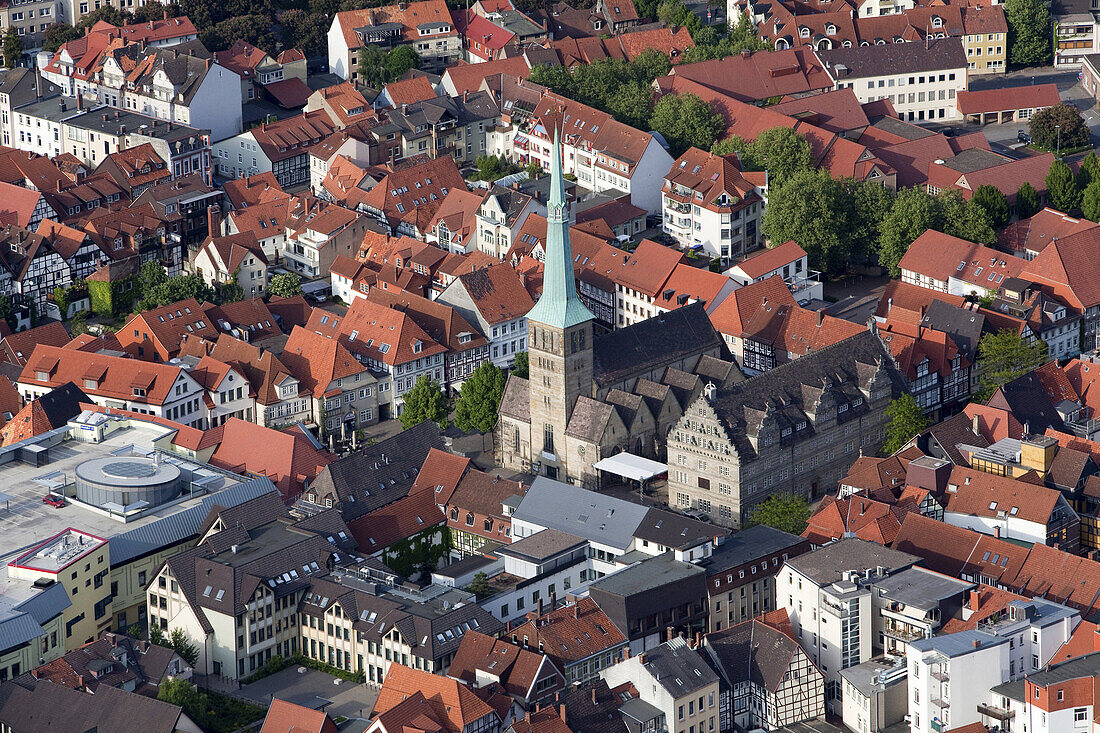 Aerial view of the historic old town of Hamelin, Hameln, Church of St Nicolai, Lower Saxony, Germany