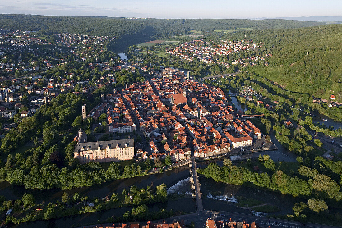 Aerial view of Hannoversch Münden, Welfen castle on the banks of the Werra river, Lower Saxony, Germany