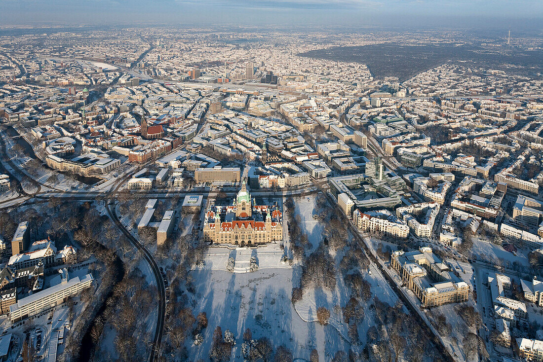 Aerial shot of Hanover in winter, Lower Saxony, Germany