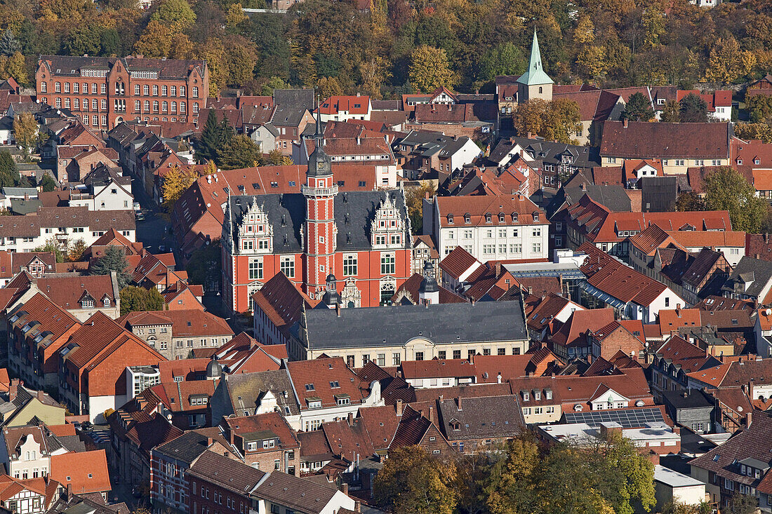 Aerial view of Helmstedt old town, Juleum Novum, former university auditorium, Weser Renaissance, Lower Saxony, Germany