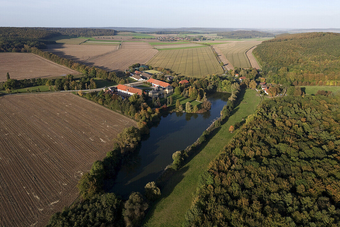 Aerial view of the baroque moated castle Söder near Hildesheim, Lower Saxony, Germany