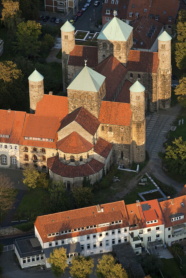 Aerial of old town of Hildesheim with church of St. Michael, ottonian renaissance, Hildesheim, Lower Saxony, Germany