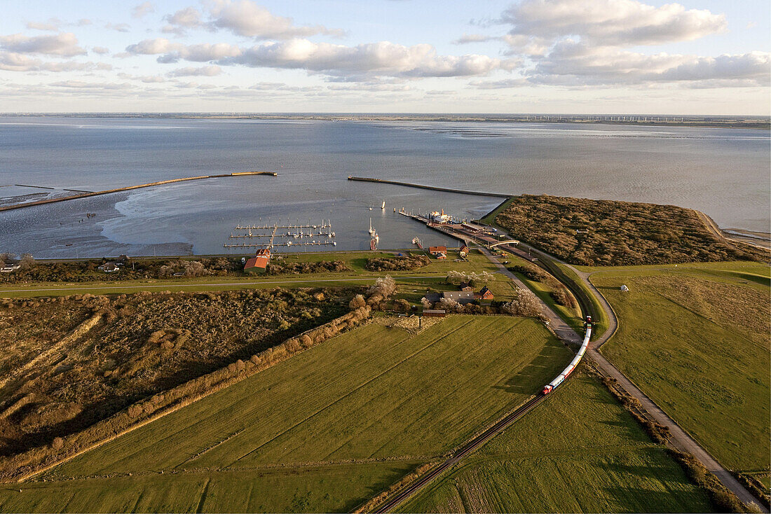 Aerial view of the East Frisian island Langeoog ferry and island railway, Langeoog Lower Saxony, northern Germany