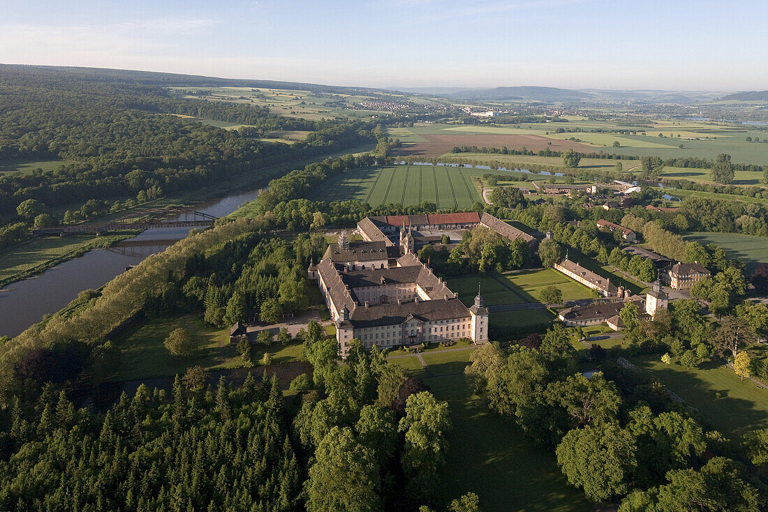aerial view of corvey abbey at the Weser river, former Benedictine abbey, North Rhine Westphalia, Germany