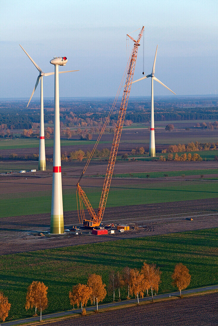 Construction of a wind turbine with a crane, near Luneburg, Lower Saxony, Germany