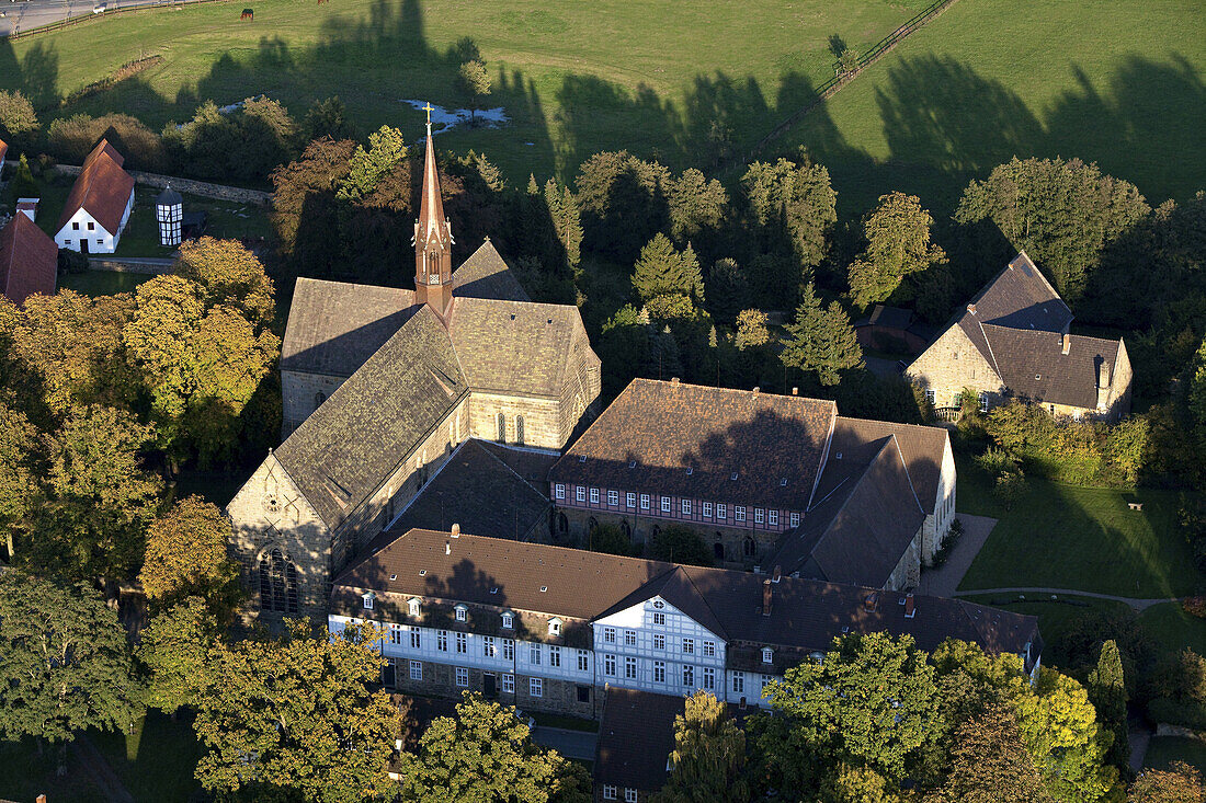 Aerial view of Loccum Abbey, founded in 1163 by Cistercian monks, Lower Saxony, Germany