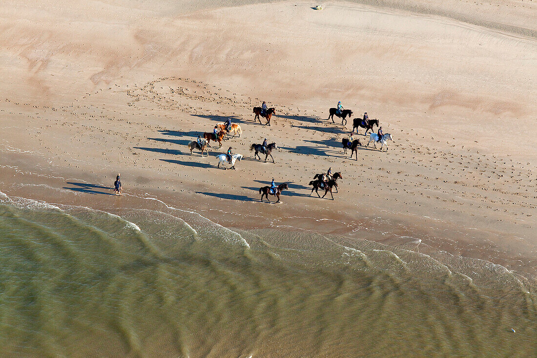 Aerial shot of riders at North Sea beach, Lower Saxony, Germany