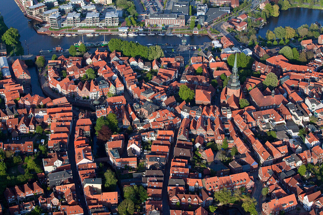 Aerial shot of old town on Schwinge island, Stade, Lower Saxony, Germany