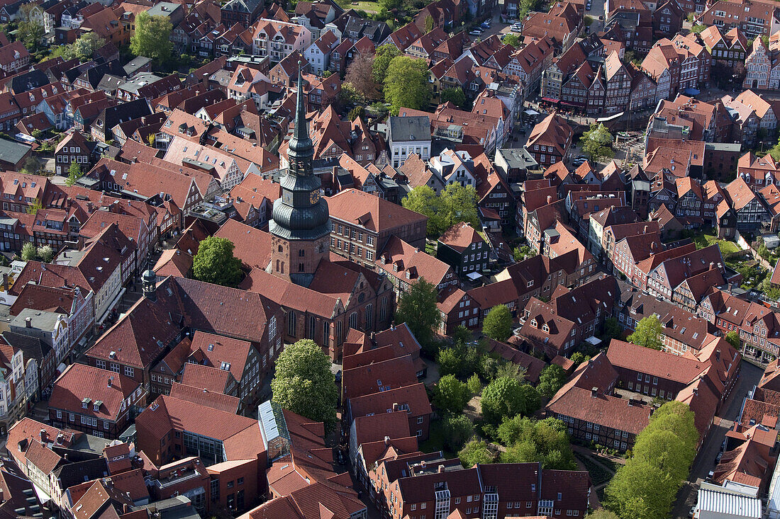 Aerial view of the historic old town in Stade and the Cosmae church, half-timbered houses and narrow streets, Lower Saxony, Germany