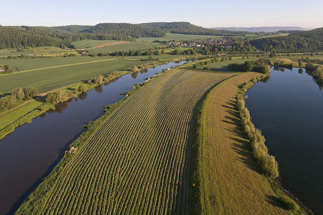 Aerial of the river Weser near Beverungen, Lower Saxony, Germany