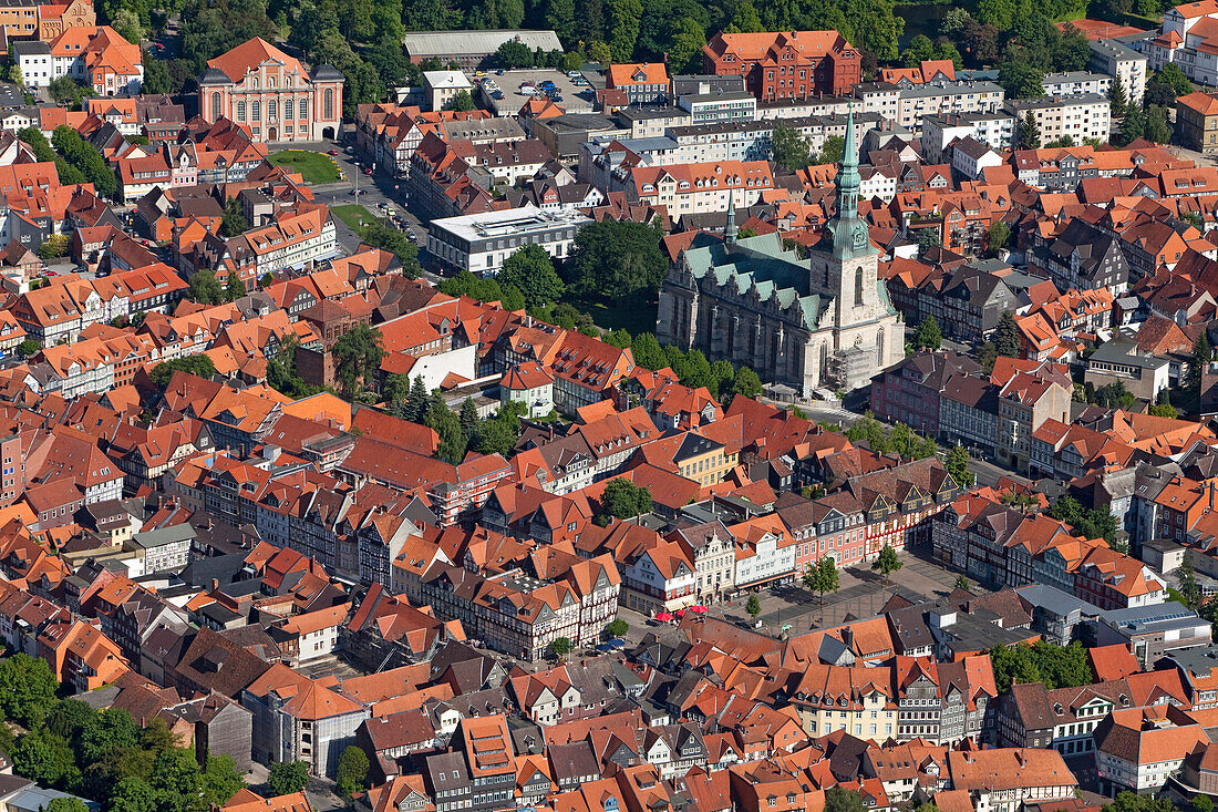 Aerial shot of old town with St Mary's Church and Holy Trinity Church, Wolfenbuttel, Lower Saxony, Germany