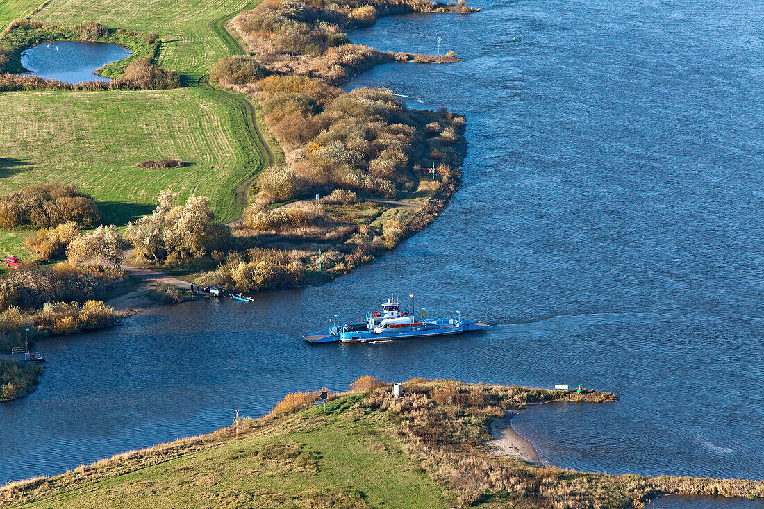 Aerial photo of a car ferry near Bleckede on the River Elbe, Lower Saxony, Germany