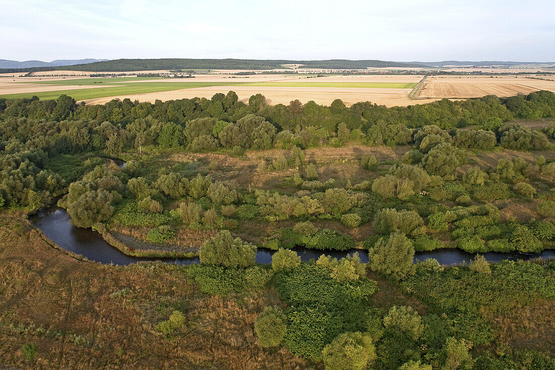 Aerial view of meadows of the Innerste river, nature reserve, Lower Saxony, Germany