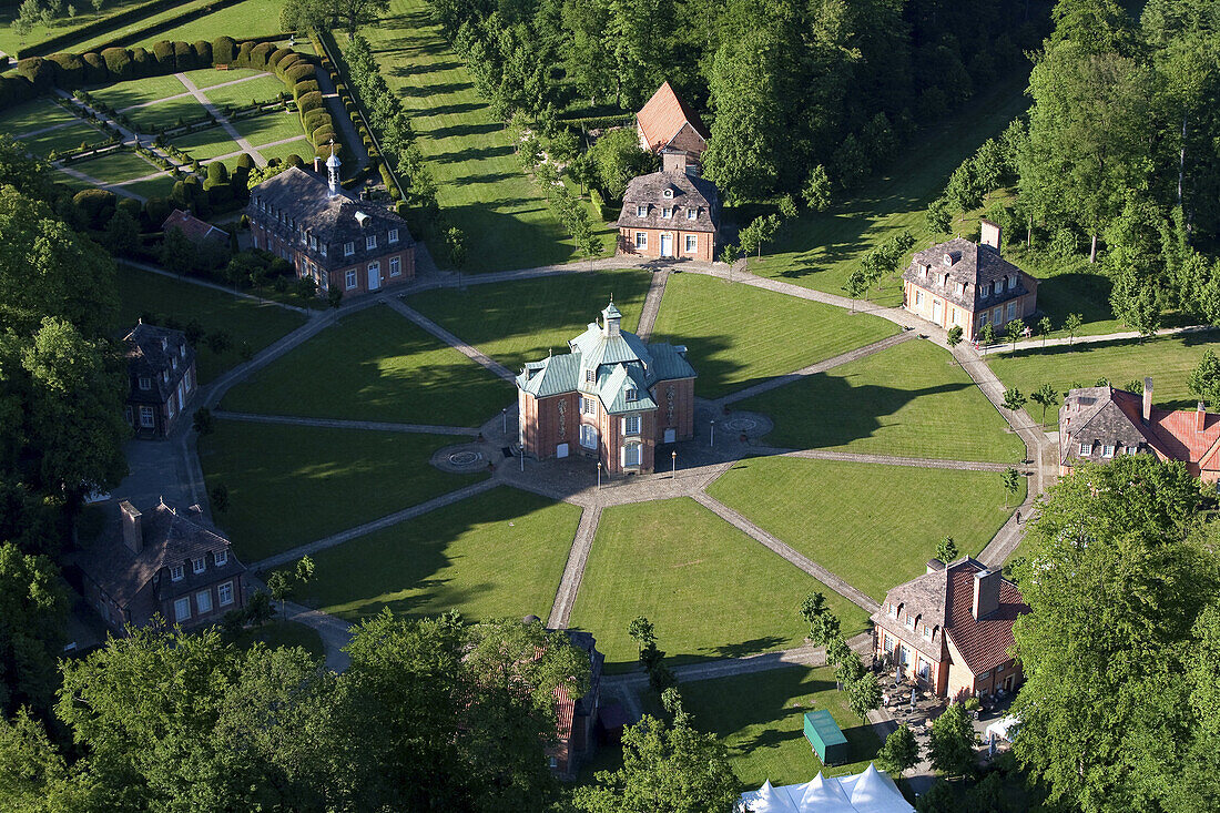 Aerial of the eight pavilions in a star formation at Clemenswerth palace and hunting lodge, Sögel, Lower Saxony, Germany