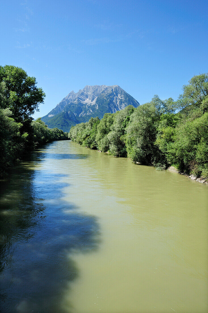 River Enns with Grimming in background, valley of Ennstal, Ennstal bicycle route, Liezen, Styria, Austria