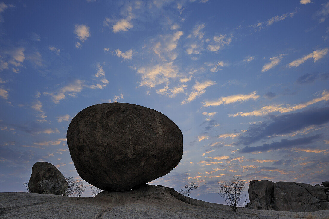 Balancing granite rock laying on slab, Bull´s Party, Ameib, Erongo mountains, Namibia