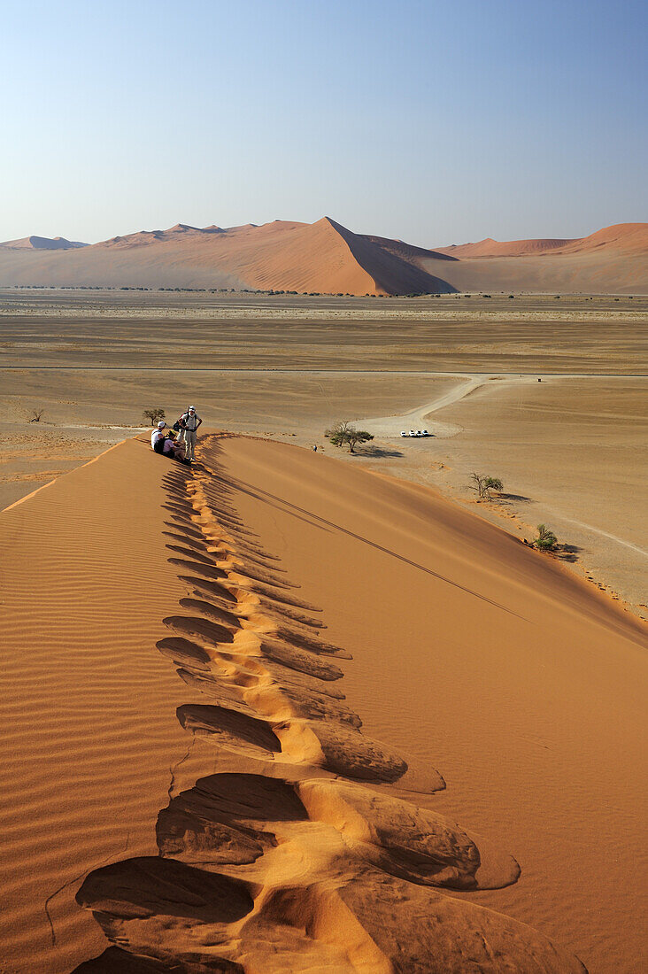 Group of people on red sand dune in Sossusvlei, dune 45, Sossusvlei, Namib Naukluft National Park, Namib desert, Namib, Namibia