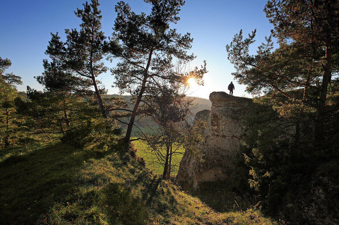 Wanderer an der Felsformation 12 Apostel, bei Solnhofen, Naturpark Altmühltal, Fränkische Alb, Franken, Bayern, Deutschland