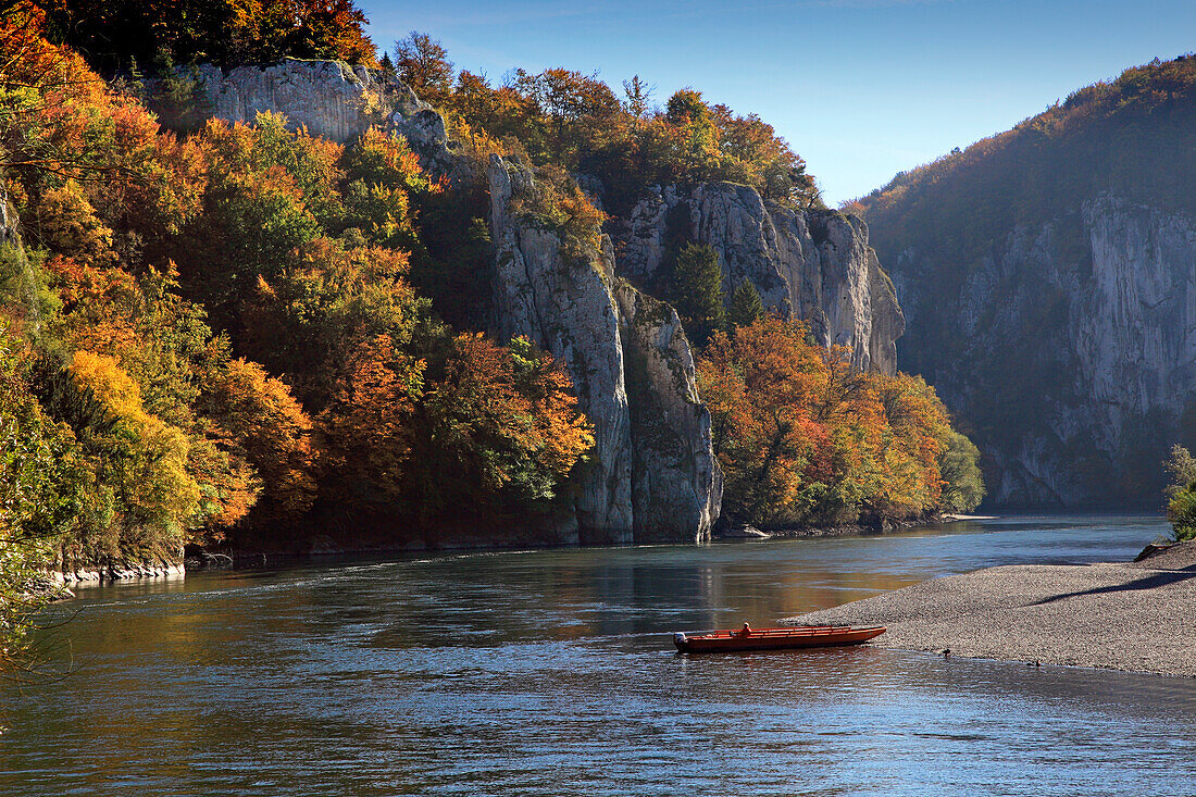 Excursion boat at the canyon of the Danube river, near Weltenburg monastery, Danube river, Bavaria, Germany