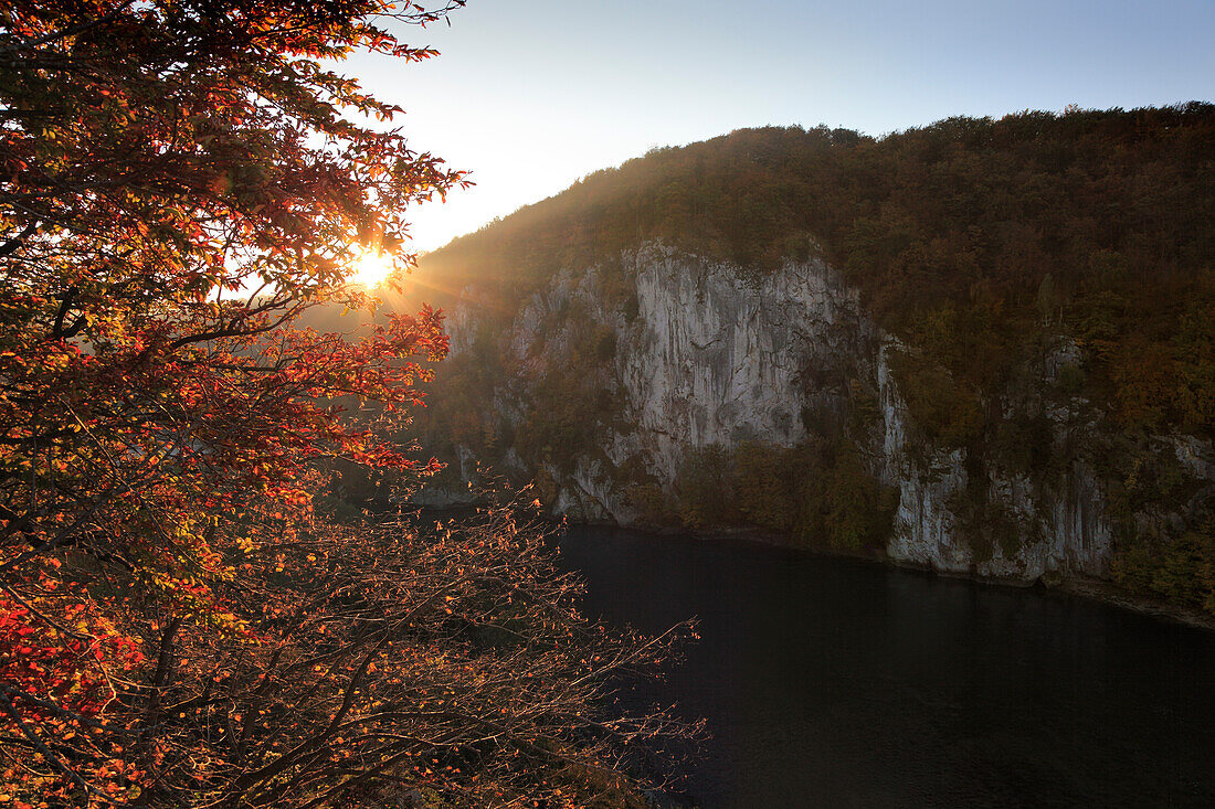 Morning sun at the canyon of the Danube river, near Weltenburg monastery, Danube river, Bavaria, Germany