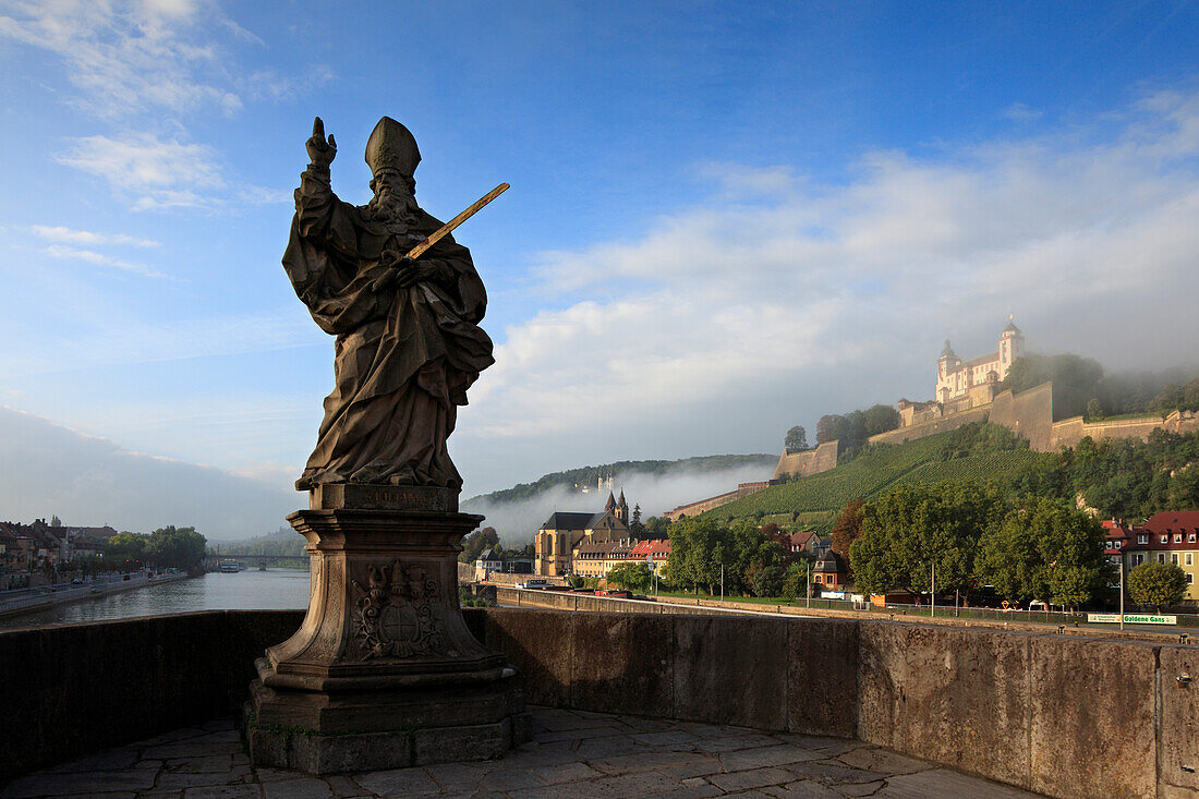 View from the old Main bridge to Marienberg castle, Würzburg, Main river, Franconia, Bavaria, Germany