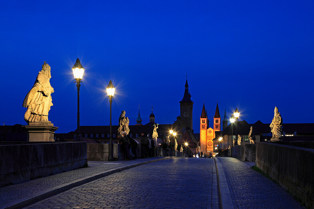 Old Main Bridge at night, Wuerzburg, Franconia, Bavaria, Germany