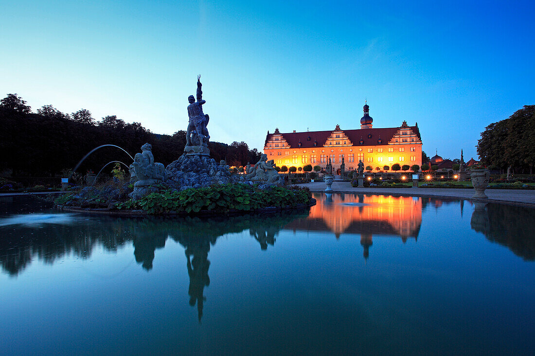 Fountain in palace gardens, Weikersheim castle, Weikersheim, Tauber valley, Baden-Wuerttemberg, Germany