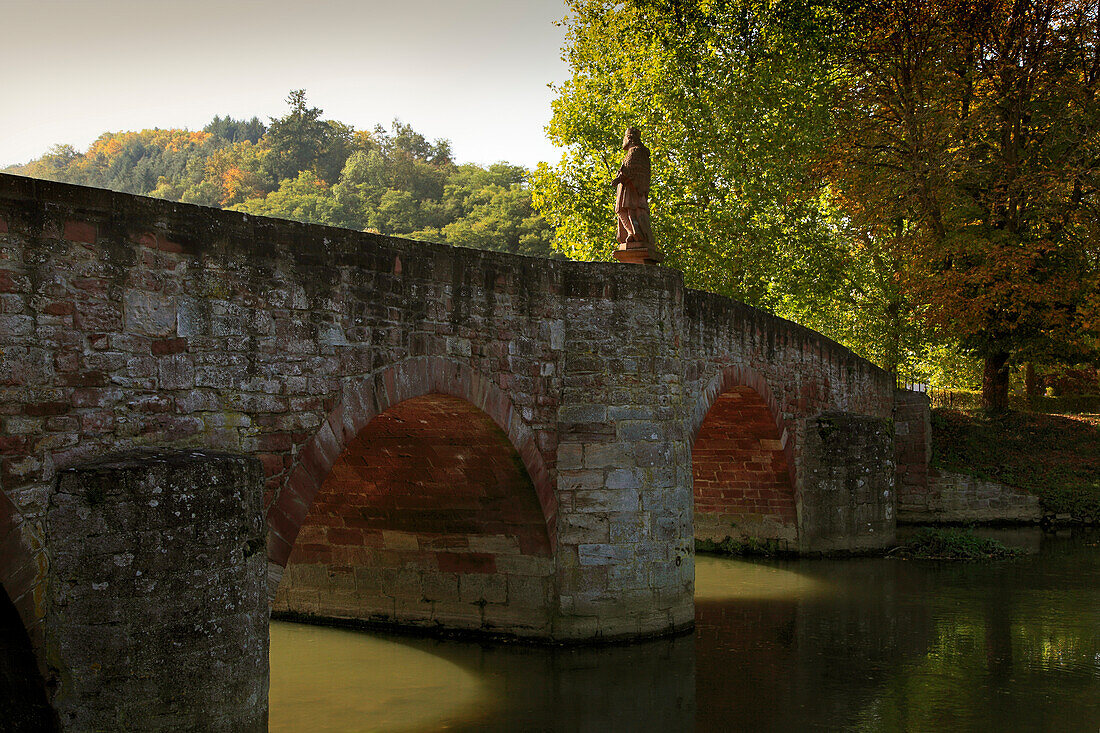 Bridge across the Tauber rivulet, near Reicholzheim, Tauber valley, Romantic Road, Baden-Wurttemberg, Germany