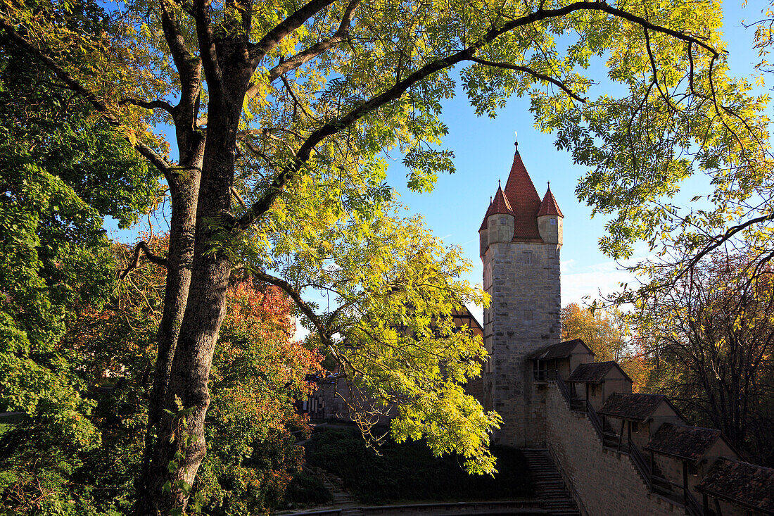 Fortified tower of the town wall near Reichsstadthalle, Rothenburg ob der Tauber, Franconia, Bavaria, Germany
