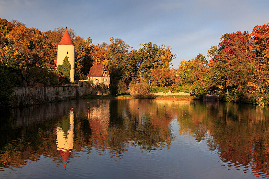 Pond near Faul tower, Dinkelsbuehl, Franconia, Bavaria, Germany