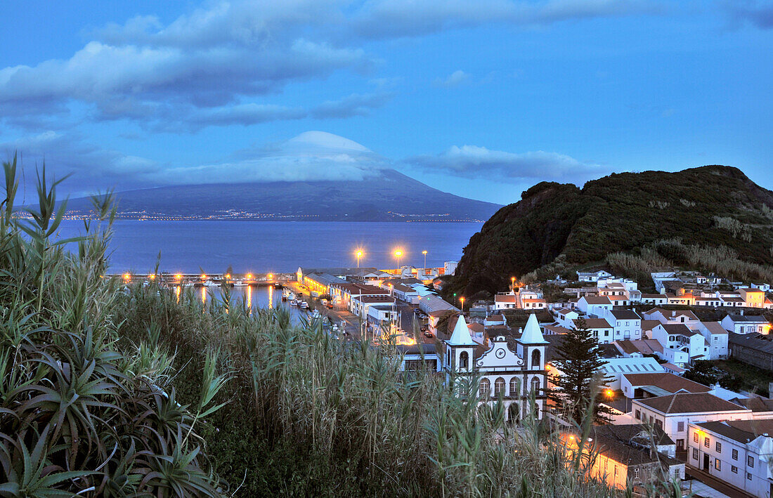 View at the town of Horta and neighbouring island Pico at dusk, Island of Faial, Azores, Portugal, Europe