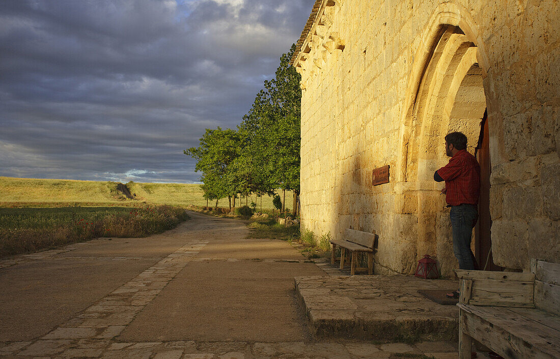Entrance of the chapel Ermita de San Nicolas in the light of the evening sun, Province of Burgos, Old Castile, Castile-Leon, Castilla y Leon, Northern Spain, Spain, Europe