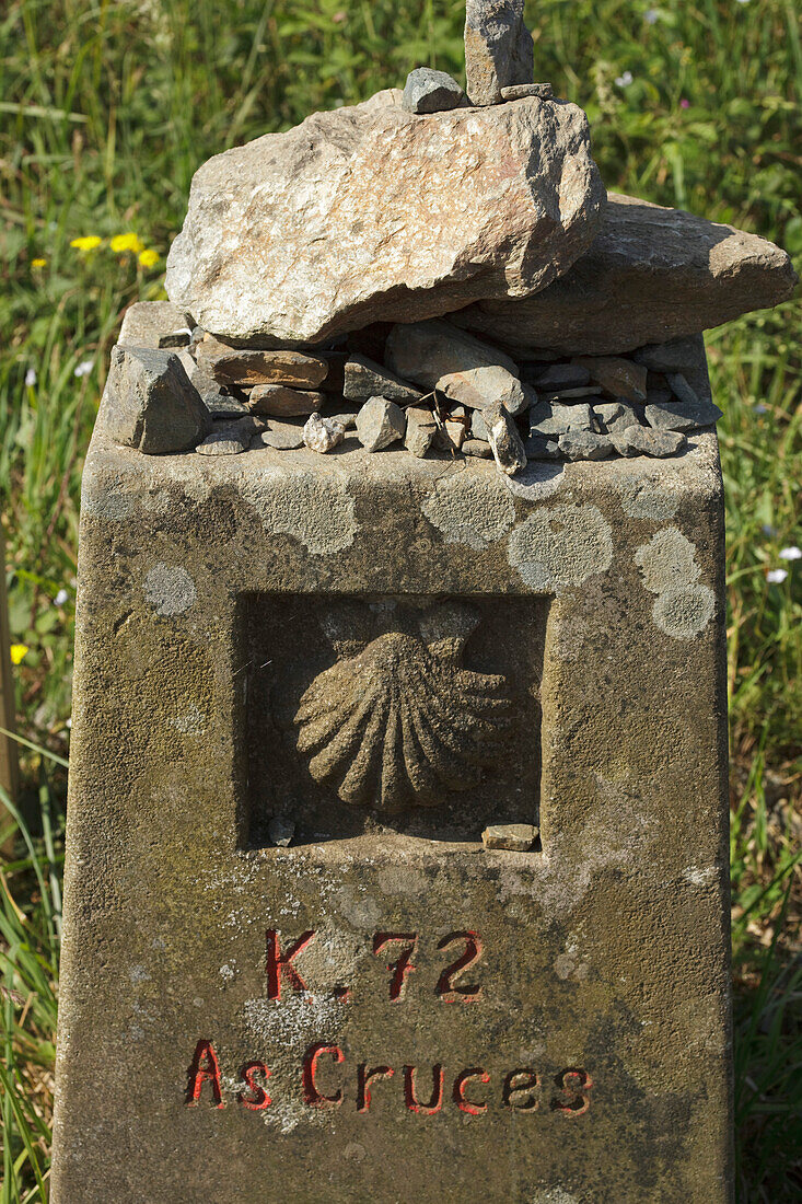 Wegstein mit Jakobsmuschel, Provinz Lugo, Galicien, Nordspanien, Spanien, Europa