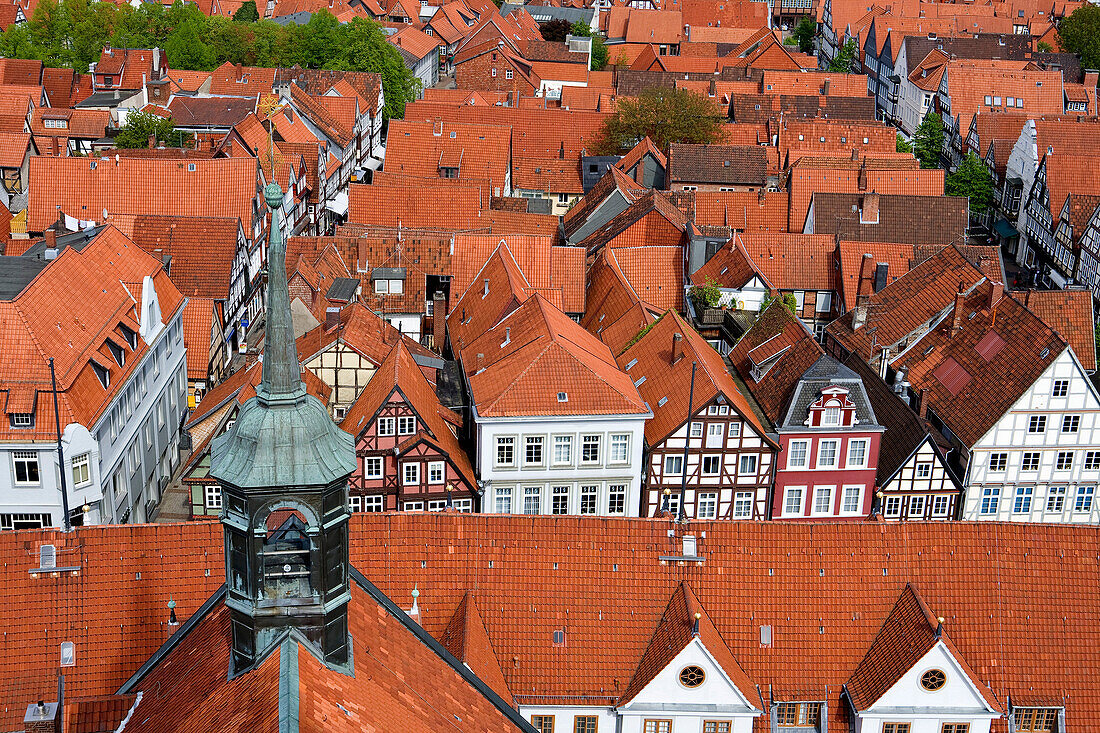 Roofs of the historic centre of Celle, seen from the Stadtkirche, Celle, Lüneburger Heide, Lower Saxony, Germany, Europe