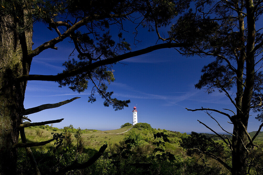 View at Dornbusch lighthouse in the sunlight, HIddensee island, Mecklenburg-Western Pomerania, Germany, Europe