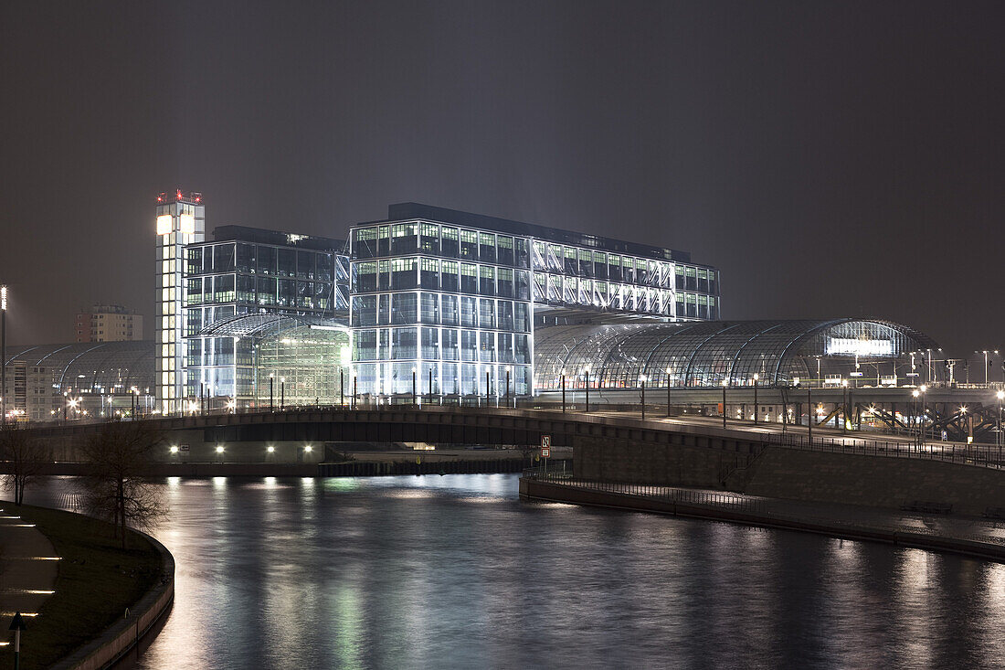 Berlin central station at night, the biggest tower station of Europe, Berlin, Germany, Europe