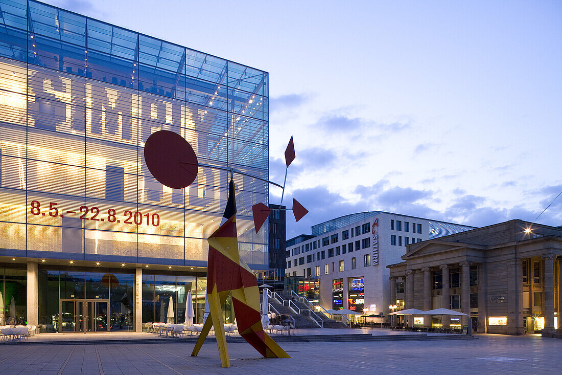 Museum of Art Stuttgart at the Kleiner Schlossplatz in the evening, designed by the architects Hascher und Jehle, Stuttgart, Baden-Württemberg, Germany, Europe