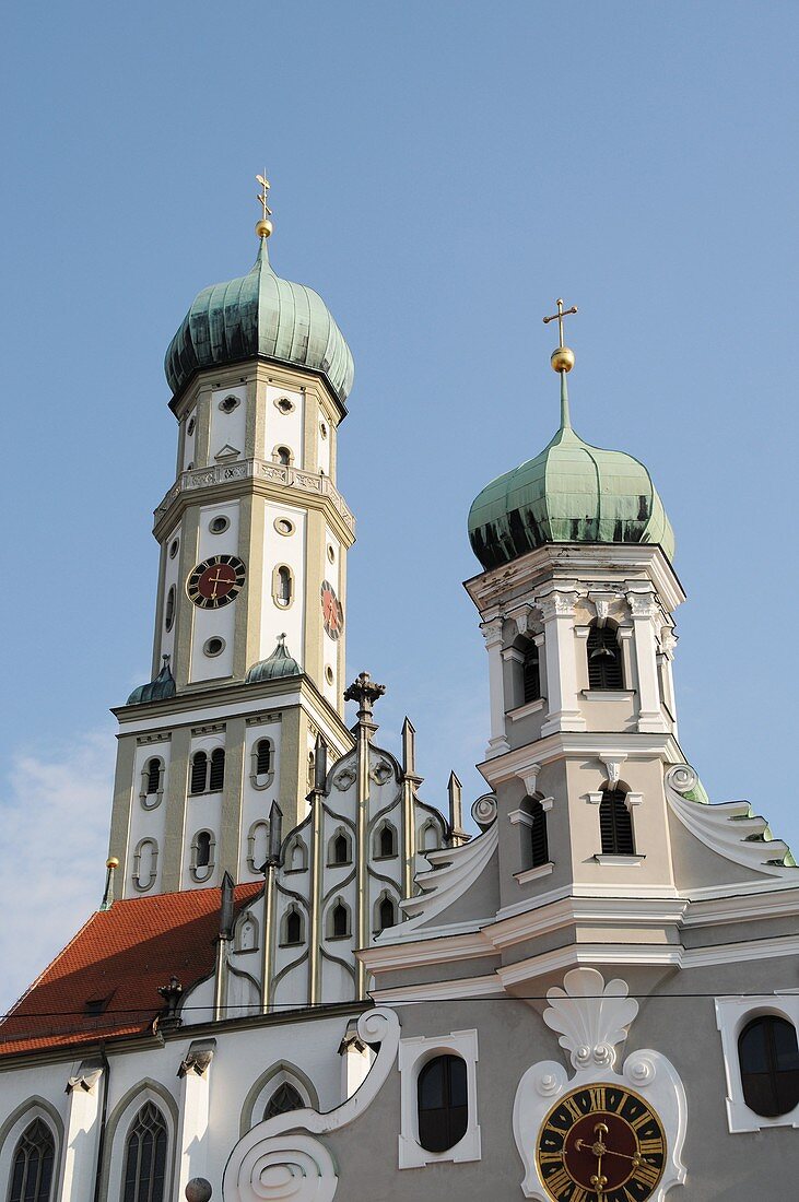 Europe, Germany, Bavaria, Augsburg, towers of church St. Ulrich and St. Afra.