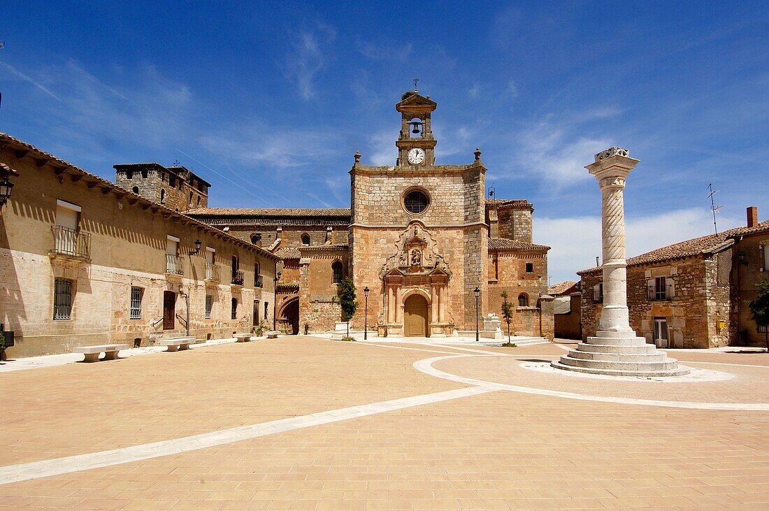 Main square and San Miguel church, Mahamud, Burgos, Castilla y Leon, Spain