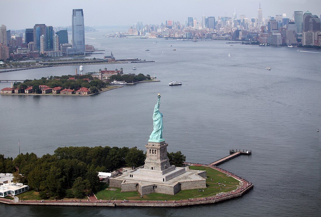 Statue of Liberty aerial view, Manhattan, New York, USA