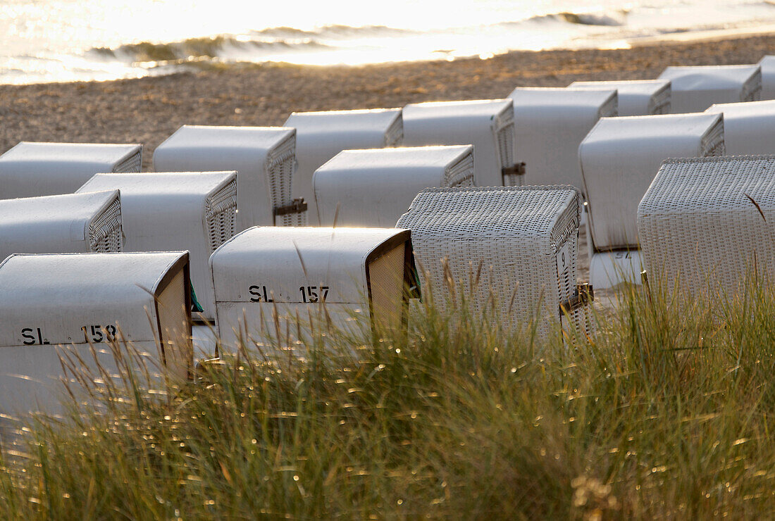 Roofed wicker beach chairs at sandy beach, Baltic sea spa Zinnowitz, Usedom, Mecklenburg-Vorpommern, Germany