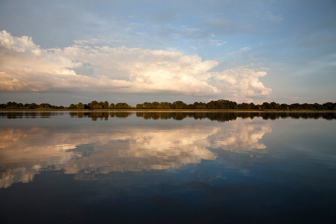Reflection of clouds on lake Beetzsee in the evening, Brandenburg an der Havel, Brandenburg, Germany