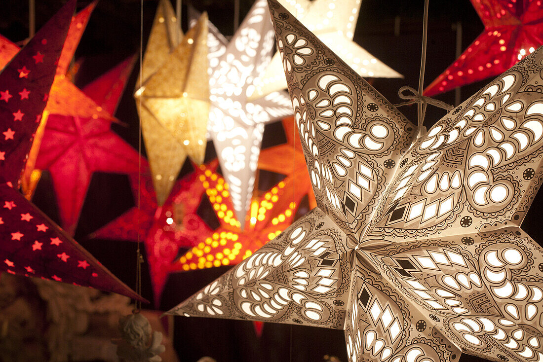 Illuminated stars at Christmas Market, Hamburg, Germany