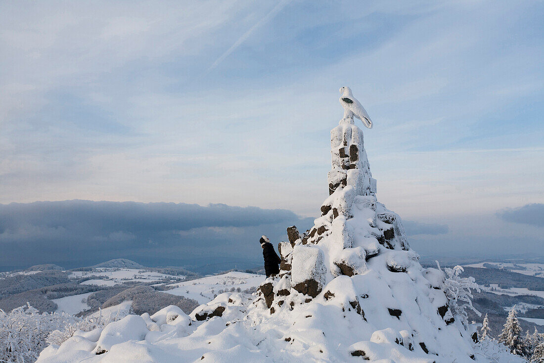 Snow- covered Aviator Monument near Gersfeld, Wasserkuppe, low mountain range, Rhoen, Hesse, Germany